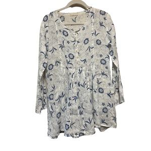 CP Shades White & Blue Floral Print Long Sleeve Tunic Top / Dress Size Small